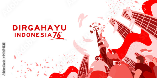Indonesia independence day 17 august with traditional games concept illustration. 76 tahun kemerdekaan indonesia translates to 76 years Indonesia independence day