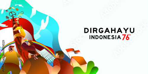 Indonesia independence day 17 august with traditional games concept illustration. 76 tahun kemerdekaan indonesia translates to 76 years Indonesia independence day