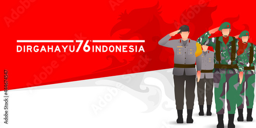 Army and Police Celebrating Happy Independence Day Indonesia together. 76 tahun kemerdekaan indonesia translates to 76 years Indonesia independence day