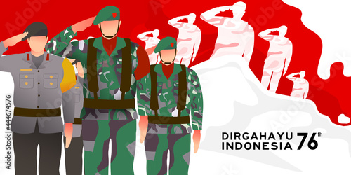 Army and Police Celebrating Happy Independence Day Indonesia together. 76 tahun kemerdekaan indonesia translates to 76 years Indonesia independence day