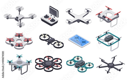 Isometric drones. Flying drone with propellers and camera, radio controller. Remote controlled unmanned aircraft, delivery drones vector set. Small electronic devices of different form