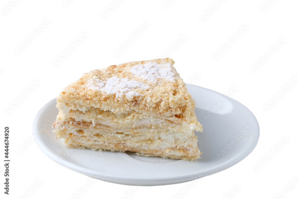 Close up Piece of  cake at   plate isolated on white