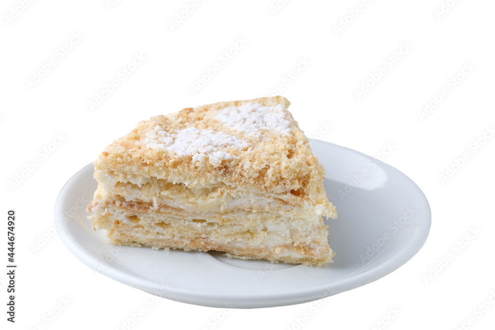 Close up Piece of cake at plate isolated on white Close up Piece of cake at plate isolated on white