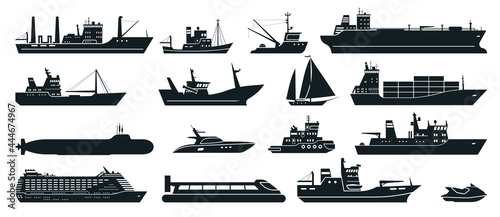 Ships silhouette. Cargo ship with shipping containers, tourist cruise ship, commercial fishing vessel, yacht. Water transportation vector set. Liner for voyage, fisher boat, water scooter