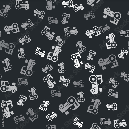 Grey Tractor icon isolated seamless pattern on black background. Vector