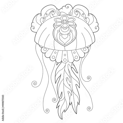 Contour linear illustration with jellyfish for coloring book. Cute jelly fish, anti stress picture. Line art design for adult or kids  in zentangle style and coloring page.