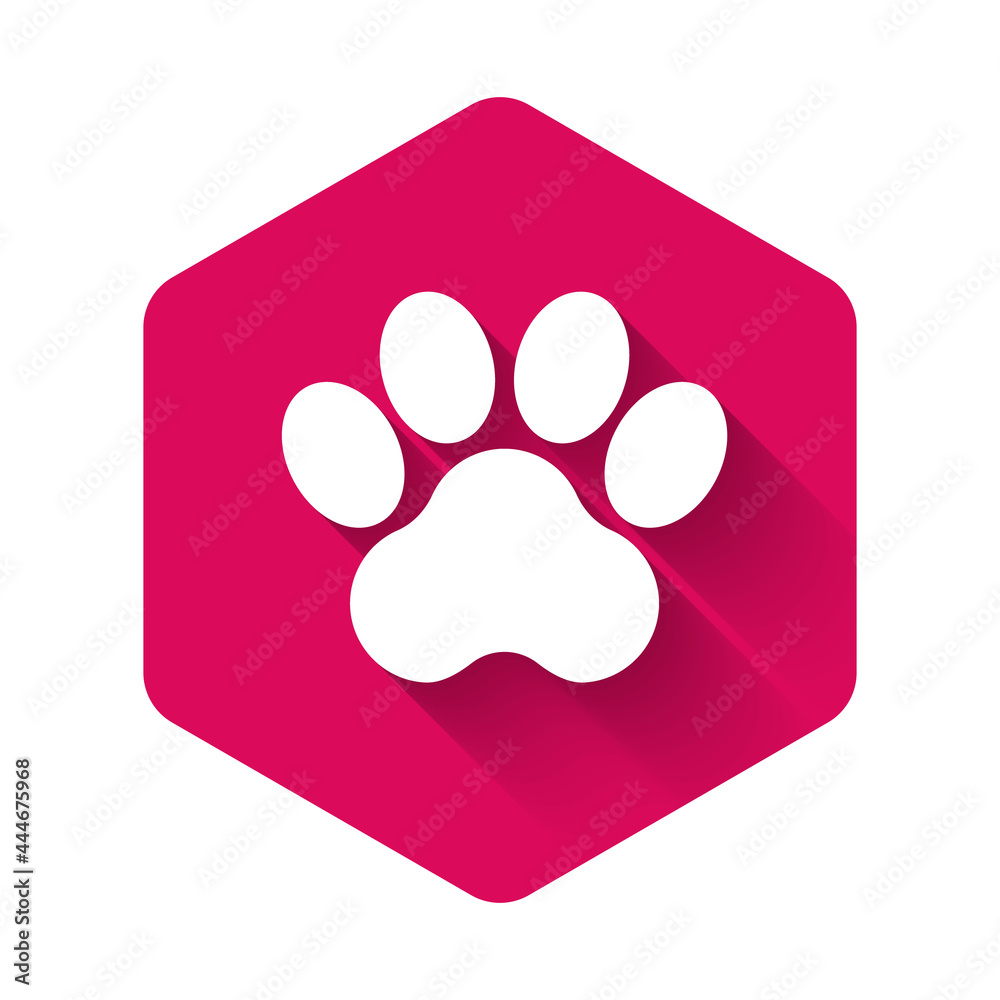 White Paw print icon isolated with long shadow background. Dog or cat paw print. Animal track. Pink hexagon button. Vector White Paw print icon isolated with long shadow background. Dog or cat paw print. Animal track. Pink hexagon button. Vector