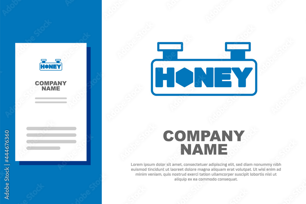 Obraz premium Blue Hanging sign with honeycomb isolated on white background. Signboard icon. Honey cells symbol. Sweet natural food. Logo design template element. Vector