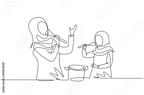 Continuous one line drawing cheerful Arabian mom and her little daughter singing while cooking together, using spatula and spoon as microphones. Single line draw design vector graphic illustration