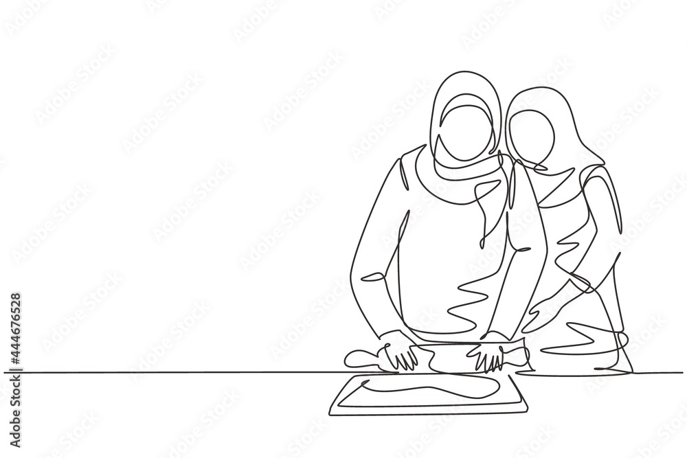 Continuous one line drawing happy Arabian family mother-in-law and daughter-in-law daughter cook in cozy kitchen, knead dough and bake cookies. Single line draw design vector graphic illustration Continuous one line drawing happy Arabian family mother-in-law and daughter-in-law daughter cook in cozy kitchen, knead dough and bake cookies. Single line draw design vector graphic illustration