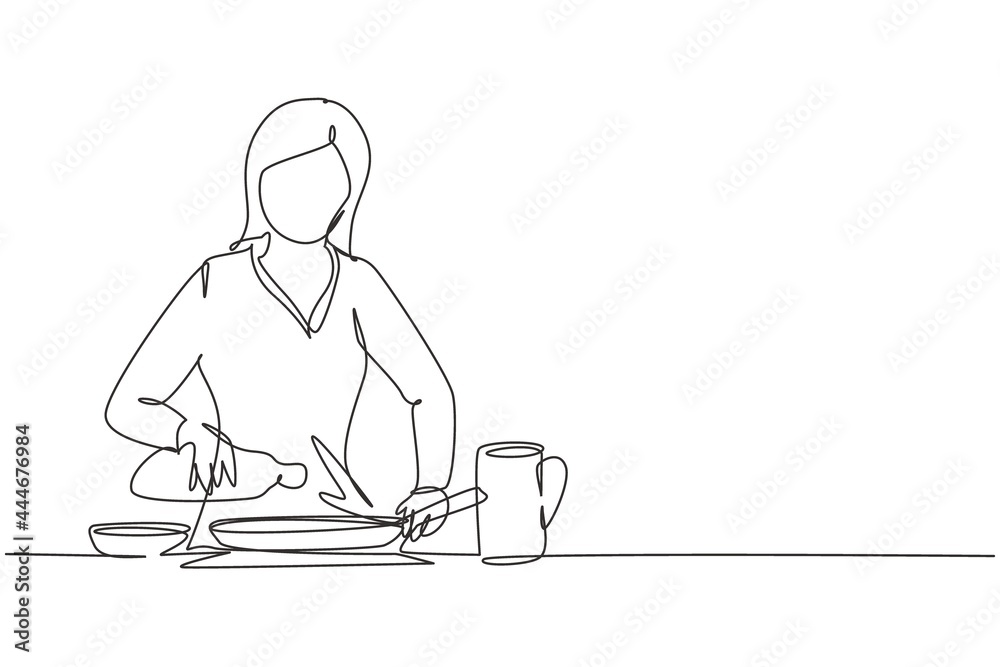 Continuous one line drawing beautiful woman pouring cooking oil from bottle into frying pan on stove. Prepare food at cozy kitchen. Cooking at home. Single line draw design vector graphic illustration Continuous one line drawing beautiful woman pouring cooking oil from bottle into frying pan on stove. Prepare food at cozy kitchen. Cooking at home. Single line draw design vector graphic illustration
