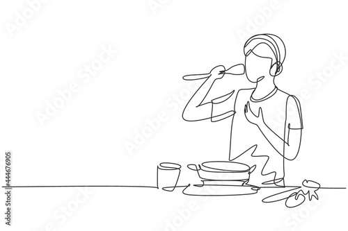 Continuous one line drawing handsome husband begin prepare family dinner singing like rock star with kitchenware and overjoyed music playlist. Single line draw design vector graphic illustration
