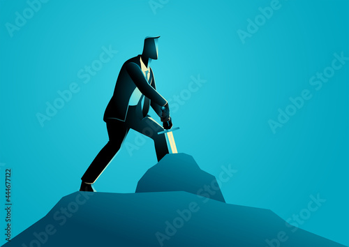 Businessman tries to draw the excalibur sword from the stone, concept for worthiness as a leader