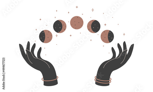 Alchemy esoteric mystical magic celestial talisman with woman hands and moon phases. Spiritual occultism object. Vector illustration