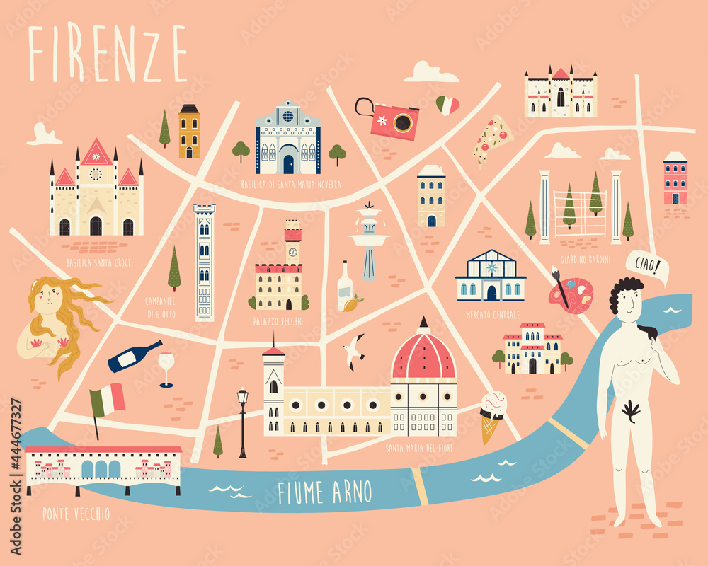 Illustrated map of Florence with famous symbols, landmarks, buildings - obrazy, fototapety, plakaty 