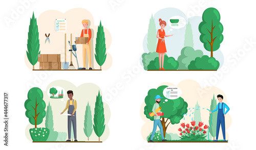 Spring gardening with characters of gardeners working in outdoor garden scenes set with people growing plants and flowers. Agriculture, organic garden tillage and farming, plant care, gardening hobby