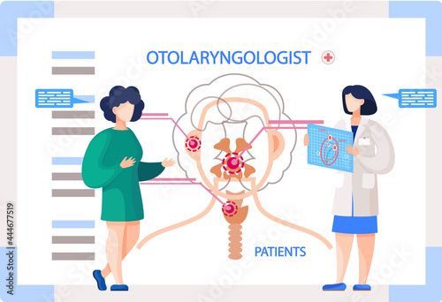Otolaryngologist doctor with nose, ear and throat or ENT diagnostic and treatment instruments. Otology doctor with patient. Otorhinolaryngology healthcare medicine or otolaryngology diseases