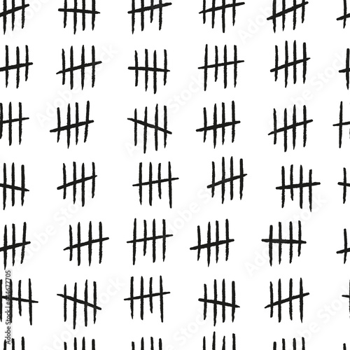 Tally marks seamless pattern. Hand drawn lines or sticks sorted by four and crossed out. Simple mathematical count visualization, prison or jail wall counter. Vector illustration on white background.