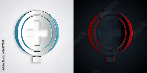 Paper cut Hospital road traffic icon isolated on grey and black background. Traffic rules and safe driving. Paper art style. Vector