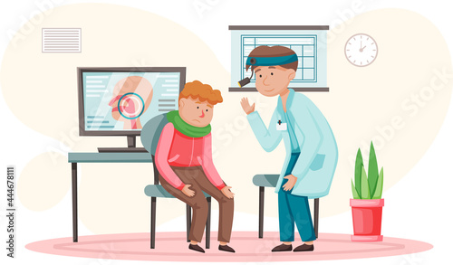 Otolaryngologist doctor with nose, ear and throat or ENT diagnostic and treatment instruments. Otology doctor with patient. Otorhinolaryngology healthcare medicine or otolaryngology diseases