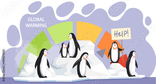 Penguins are very sad about melting glaciers. Animals during global warming concept. Polar birds asking for help due to climate change. Scale with indicator of global warming on planet Earth