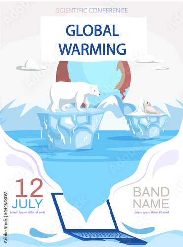 Scientific conference on global warming and ecology. Advertisement for conference about animals during climate change. Polar bear and seal stand on glaciers melting due to temperature rise of planet