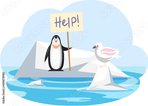 Seagull and penguin on ice floe need help, global warming concept, change climate at North Pole. Glacier, ice brick floating in cold sea. Antarctic landscapes iceberg snow mountains winter nature