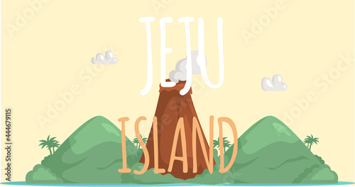 Adventure to Jeju island summer holiday. Inscription with invitation to green island with dormant volcano. Tourist travel, banner describing place for travelers. Nature and famous landmarks of Jeju