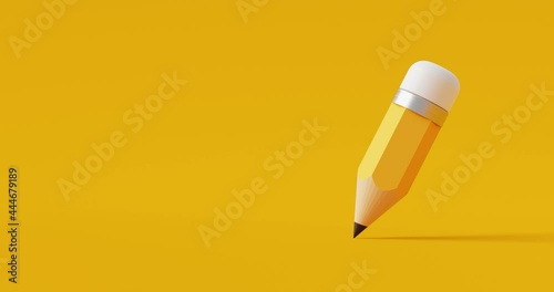 Yellow drawing pencil art design or education stationery equipment on creative color background with crayon paint writing object tool. 3D rendering.