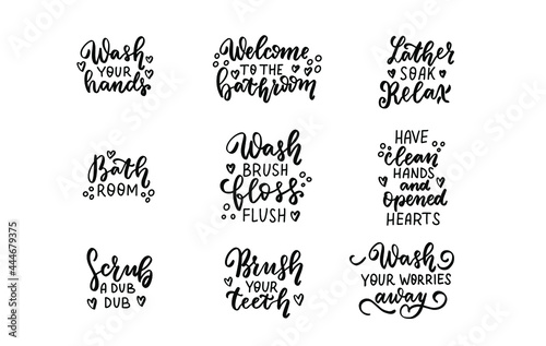 Funny bathroom quotes bundle. Wash your worries away. Welcome to the bathroom. Lather, soak, relax. Brush your teeth. Wash, brush, floss, flush. Hand lettering, Brush calligraphy vector design overlay