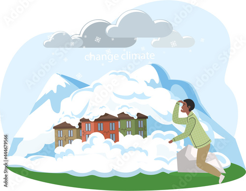 Change climate. Melting glaciers due to global warming. Save planet concept with man sitting on an ice avalanche, snowfall. Planet heats up and causes glaciers to melt and water levels rise