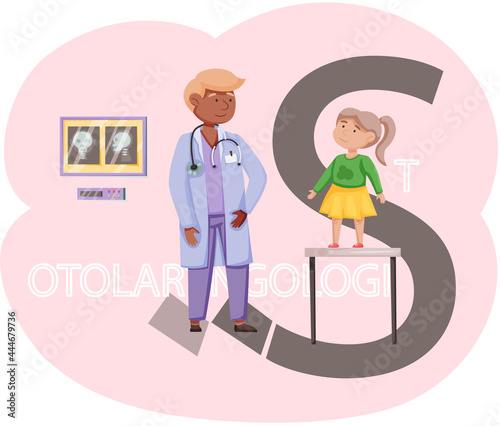 Little girl medical examination in office of otolaryngologist. Doctor takes care of patients works in hospital. Professional medic specializes in diagnosis, treatment of pathologies of throat and nose