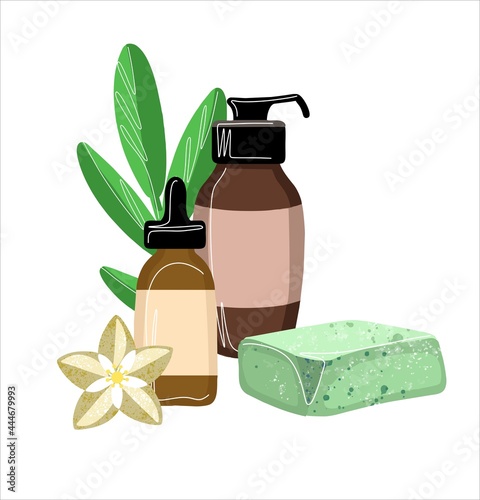 The composition of natural eco-friendly cosmetics. Soap with cream and bubbles and a white flower on the background of foliage. An illustration in a simple, minimalistic flat style. Vector.