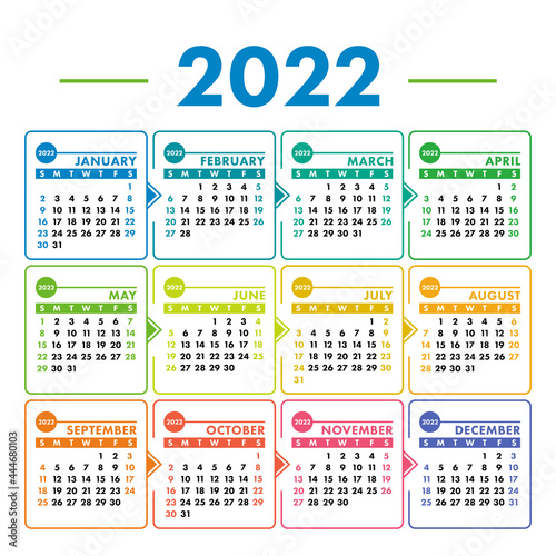 Calendar 2022 year. Vector square colorful calender design template. Week starts on Sunday