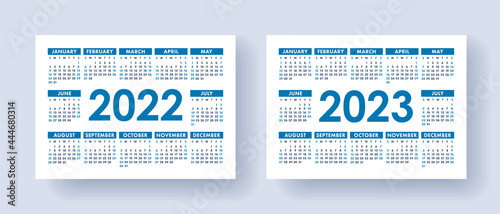 Calendar 2022 and 2023 year set. Vector template collection. Week starts on Sunday. January, February, March, April, May, June, July, August, September, October, November, December
