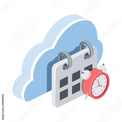 Calendar time clock, laptop screen, cloud server. Vector 3d symbol, isometric, color web icons, new flat style. Creative design idea, concept for infographics.