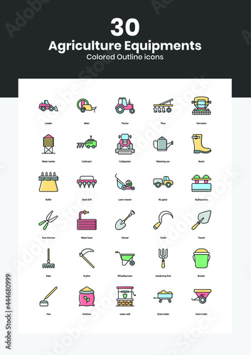 Agriculture equipment icons set. Simple set of farming equipment vector icons for web design
