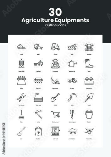 Agriculture equipment icons set. Simple set of farming equipment vector icons for web design