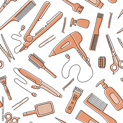 Hairdressing tools seamless pattern. Line sketch. Professional hair dresser equipment. Hand drawn doodle vector illustration. Barbershop symbol. Hairdryer, scissors, comb, straightener and curler