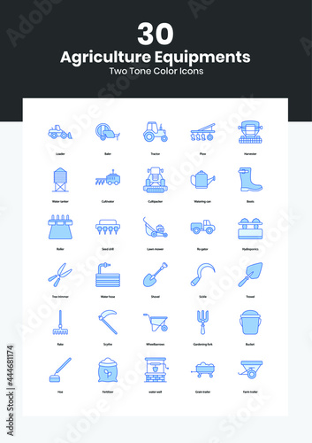 Agriculture equipment icons set. Simple set of farming equipment vector icons for web design