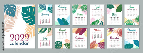 2022 calendar template. Calendar concept design with leaves. Week starts on Sunday. Set of 12 months 2022 pages. Vector illustration.
