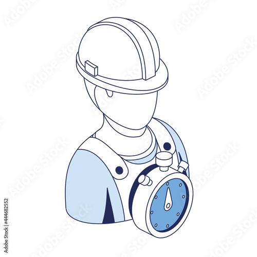 Stopwatch, timer, builder in hard hat. Vector 3d line isometric, color web icons, new flat style. Creative design idea and elements for infographics.