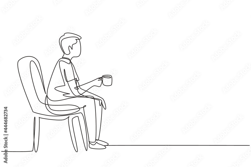 Single continuous line drawing young handsome boy sitting in modern chair, enjoying coffee in front of window at cozy home, side view concept. Dynamic one line draw graphic design vector illustration