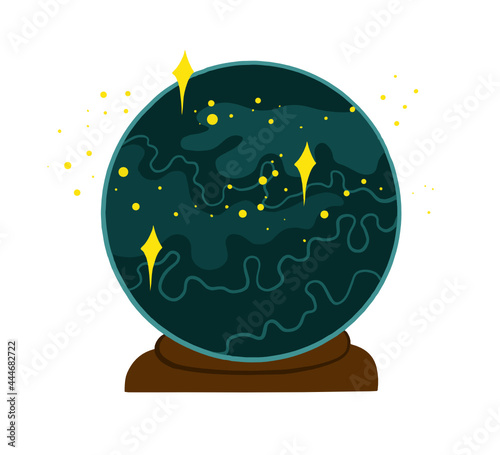 A Crystal ball with swirling elements in it and stars surrounding it. 