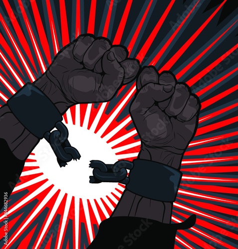 Conceptual image of breaking the bonds in a bid for for freedom and liberty with a strong man clenching his hands to snap the handcuffs around his wrists  vector illustration