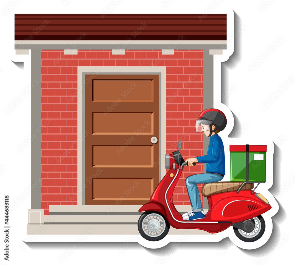 A sticker template with delivery man riding scooter