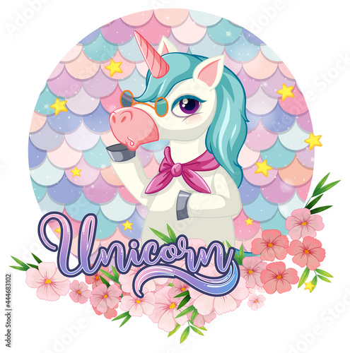 Cute unicorn cartoon character on pastel scales background isolated