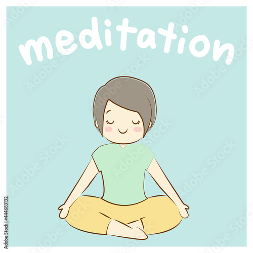 ヨガ,安楽座のポーズ,瞑想する女性,meditation文字
