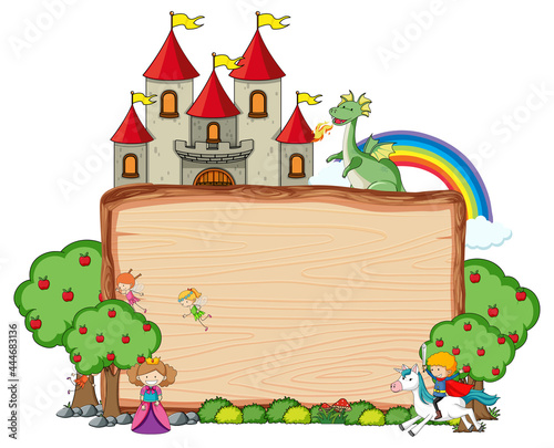 Blank wooden banner with fantasy cartoon character isolated