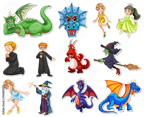 Sticker set with different fairytale cartoon characters